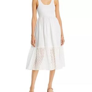 Aqua Knit Poplin Sleeveless White Midi Dress with Lace Hem